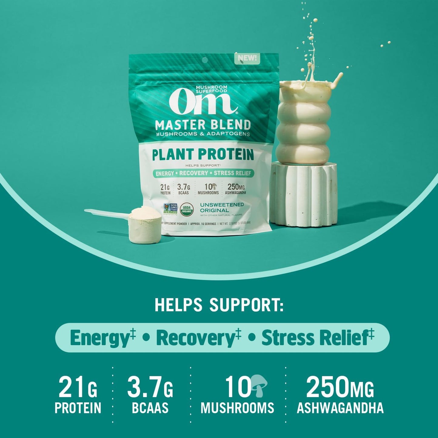 OM Mushroom Superfood Master Blend Plant-Based Protein Powder - 17.07 oz, 16 Servings, Unsweetened Original Flavor