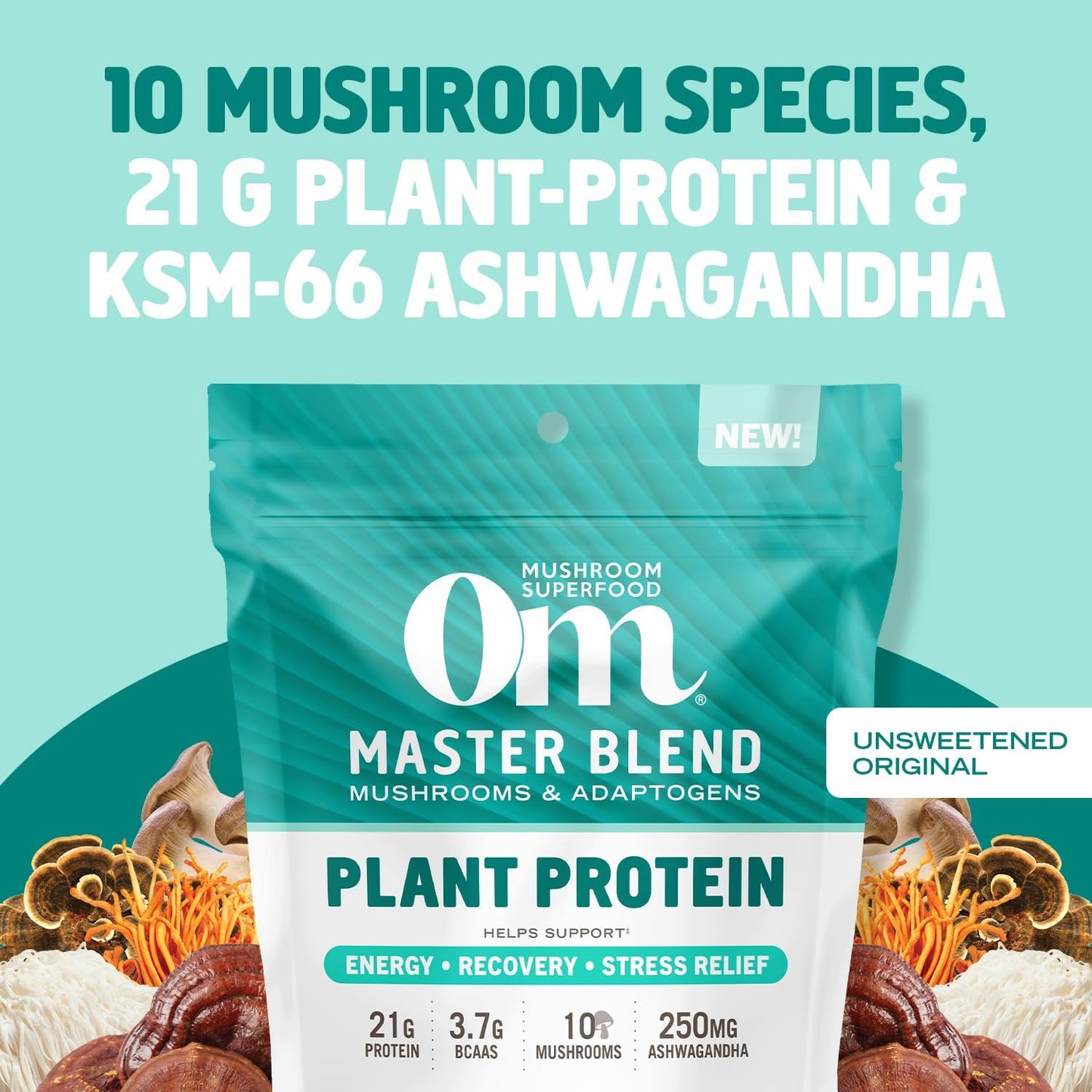 OM Mushroom Superfood Master Blend Plant-Based Protein Powder - 17.07 oz, 16 Servings, Unsweetened Original Flavor