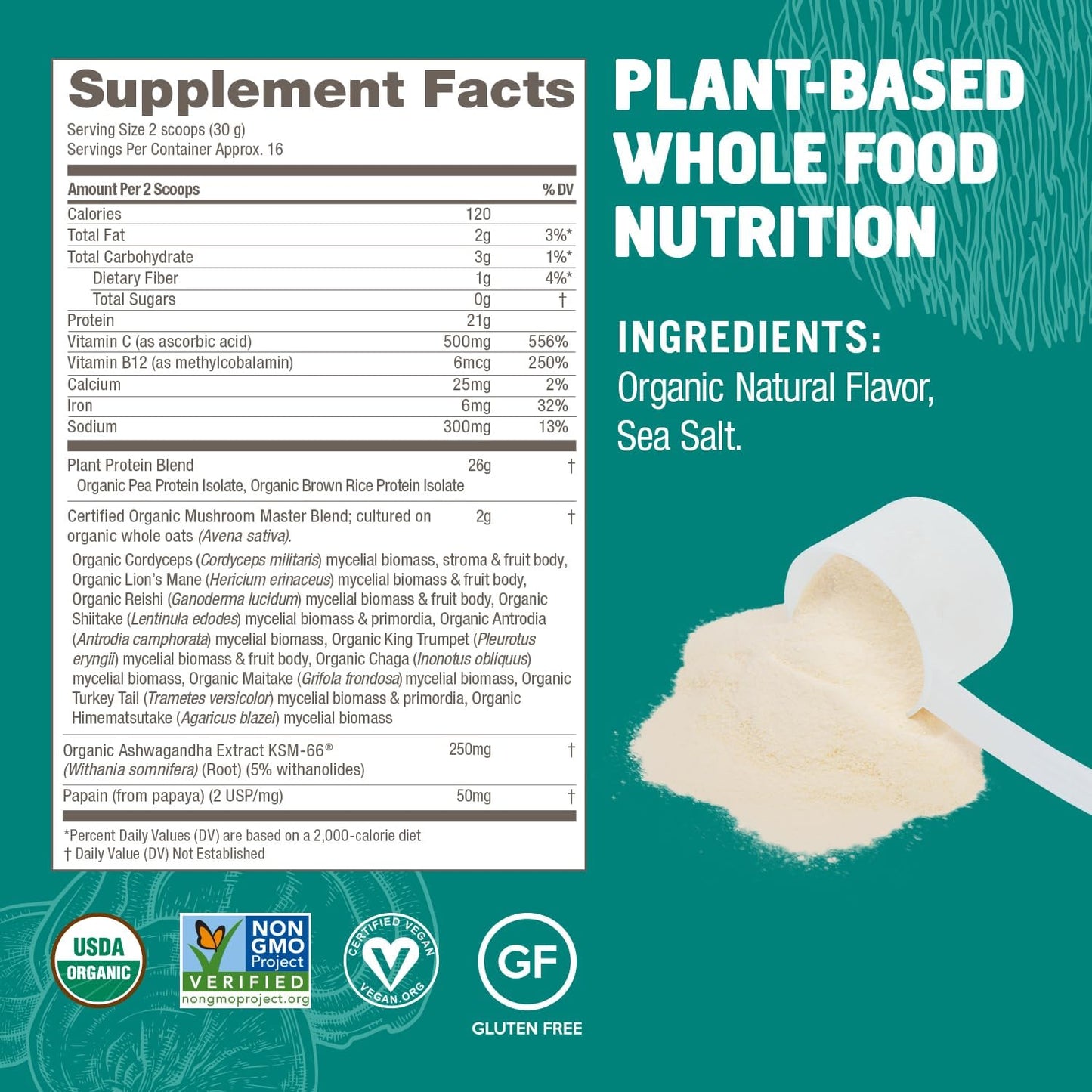 OM Mushroom Superfood Master Blend Plant-Based Protein Powder - 17.07 oz, 16 Servings, Unsweetened Original Flavor