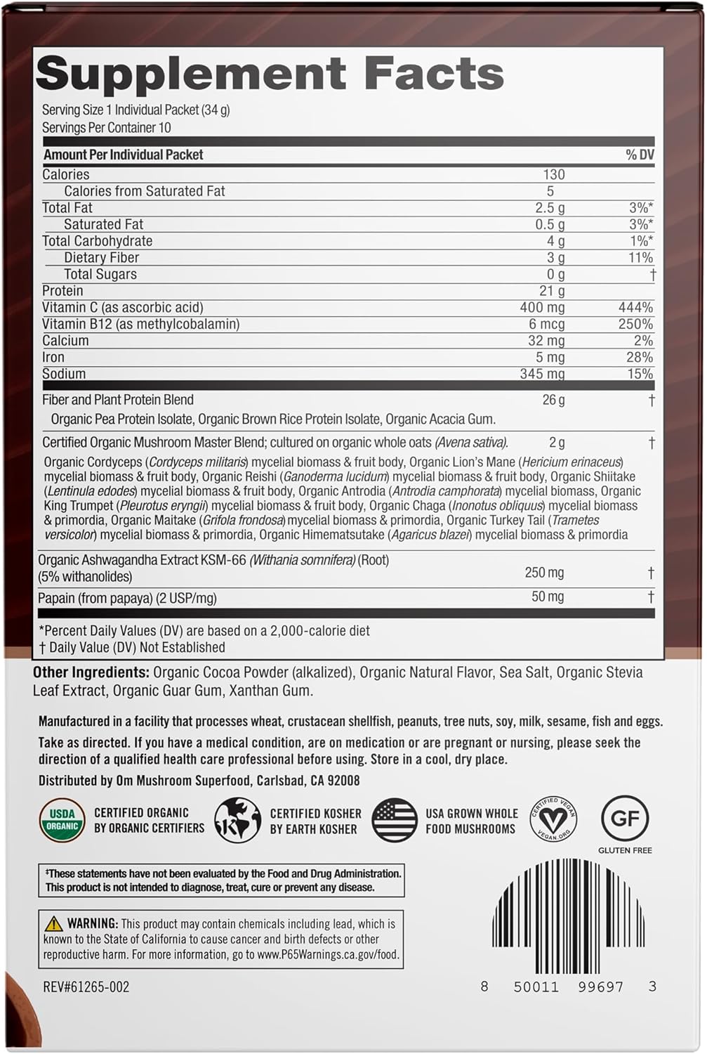 OM Mushroom Superfood Master Blend Single Serve Packets - Creamy Chocolate Plant Protein with Mushrooms & Adaptogens for Energy, Recovery, Stress Relief - 10 Count