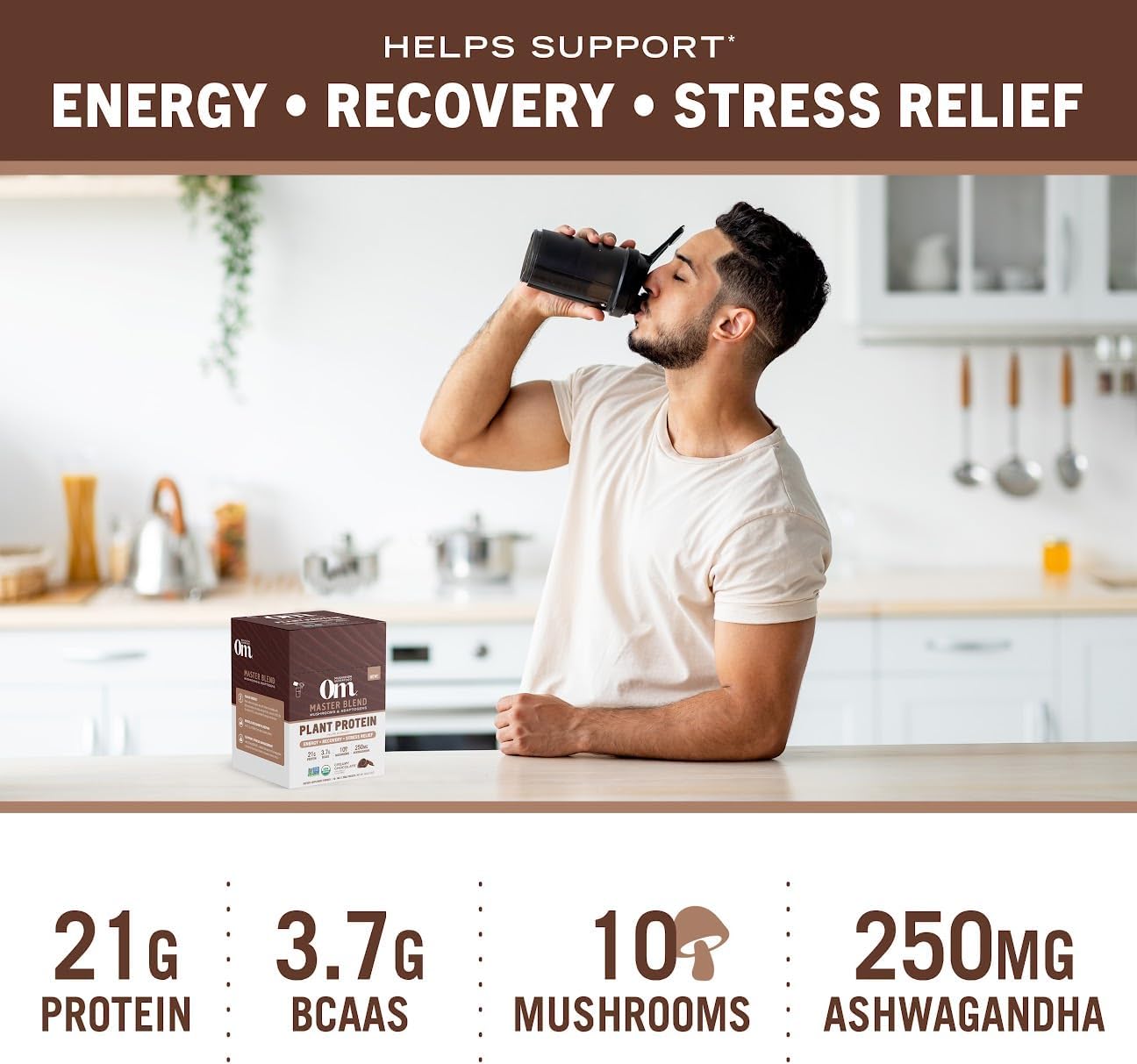 OM Mushroom Superfood Master Blend Single Serve Packets - Creamy Chocolate Plant Protein with Mushrooms & Adaptogens for Energy, Recovery, Stress Relief - 10 Count