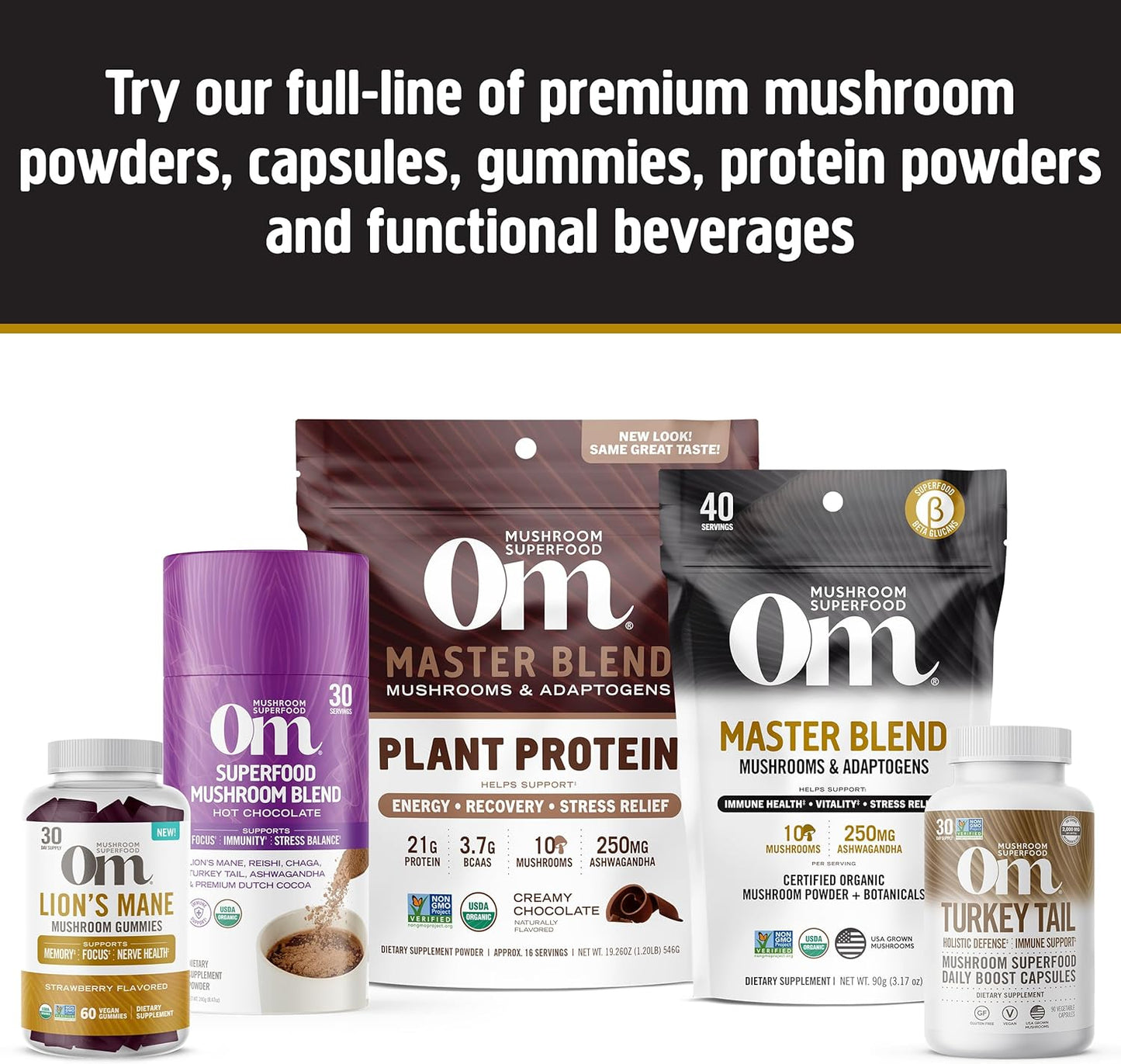 OM Mushroom Superfood Master Blend Single Serve Packets - Creamy Chocolate Plant Protein with Mushrooms & Adaptogens for Energy, Recovery, Stress Relief - 10 Count