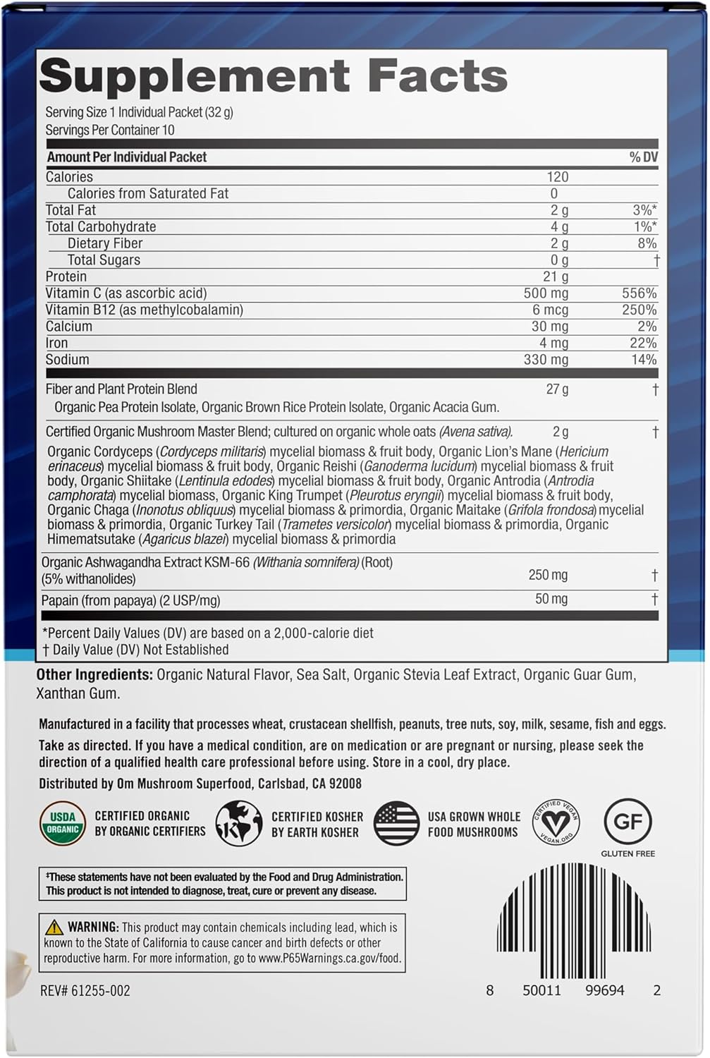 OM Mushroom Superfood Master Blend Vanilla Plant Protein with Mushrooms & Adaptogens - 10 Count, Single Serve Packs - Energy, Recovery, Stress Relief - Lion's Mane, Ashwagandha - 10 Mushroom Complex