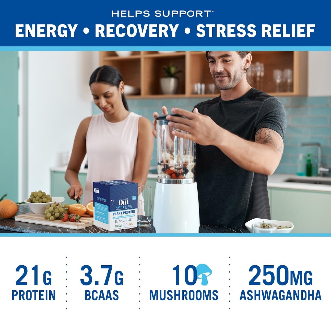 OM Mushroom Superfood Master Blend Vanilla Plant Protein with Mushrooms & Adaptogens - 10 Count, Single Serve Packs - Energy, Recovery, Stress Relief - Lion's Mane, Ashwagandha - 10 Mushroom Complex