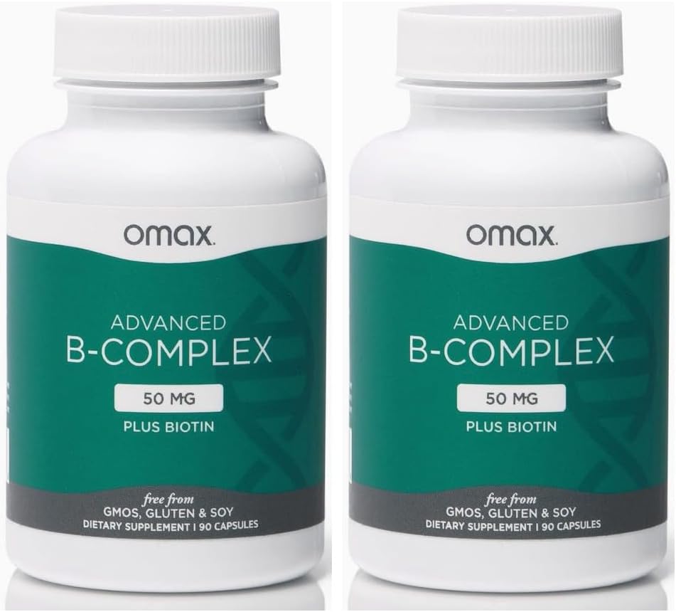 Omax3 Advanced Vitamin B Complex 50MG with Biotin - 2 Bottles | Hair, Skin, Nails Support, Stress Relief, Immunity Boost, Energy Metabolism - 90 Capsules/Bottle
