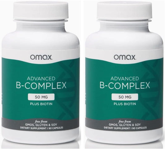 Omax3 Advanced Vitamin B Complex 50MG with Biotin - 2 Bottles | Hair, Skin, Nails Support, Stress Relief, Immunity Boost, Energy Metabolism - 90 Capsules/Bottle