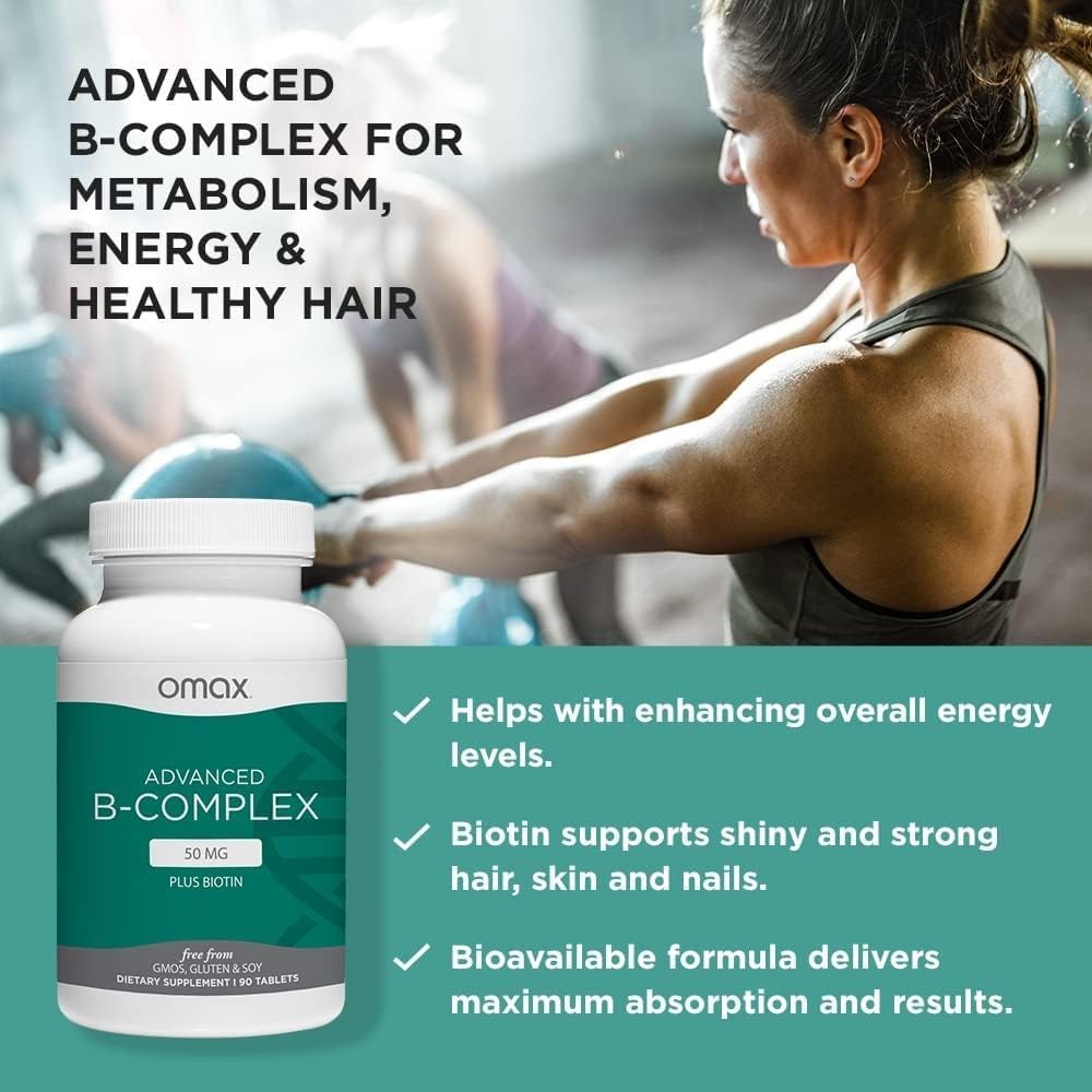 Omax3 Advanced Vitamin B Complex 50MG with Biotin - 2 Bottles | Hair, Skin, Nails Support, Stress Relief, Immunity Boost, Energy Metabolism - 90 Capsules/Bottle