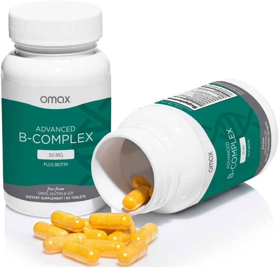Omax3 Advanced Vitamin B Complex 50MG with Biotin - 2 Bottles | Hair, Skin, Nails Support, Stress Relief, Immunity Boost, Energy Metabolism - 90 Capsules/Bottle