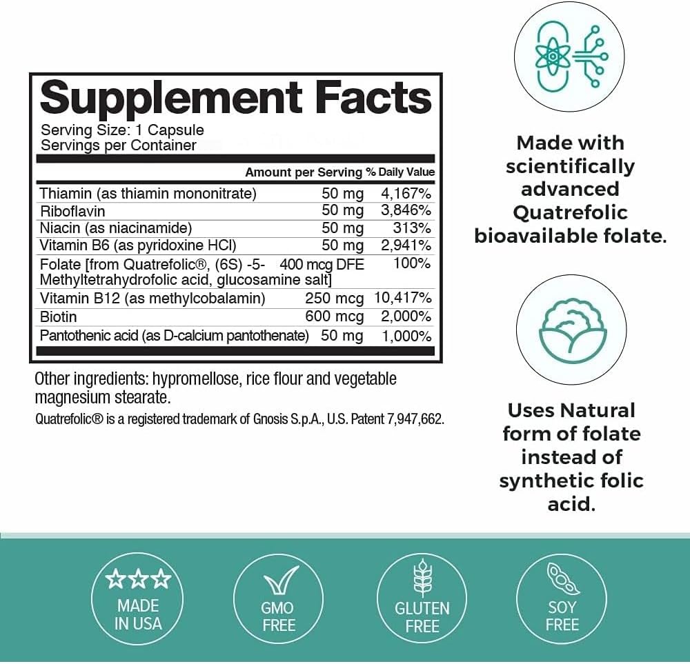 Omax3 Advanced Vitamin B Complex 50MG with Biotin - 2 Bottles | Hair, Skin, Nails Support, Stress Relief, Immunity Boost, Energy Metabolism - 90 Capsules/Bottle