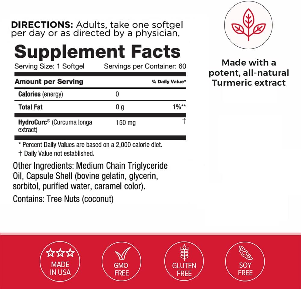 Omax3 HydroCurc Turmeric Curcumin Softgels - Natural Joint Relief, High Bioavailability, Nanoparticle Formula (60 Softgels)