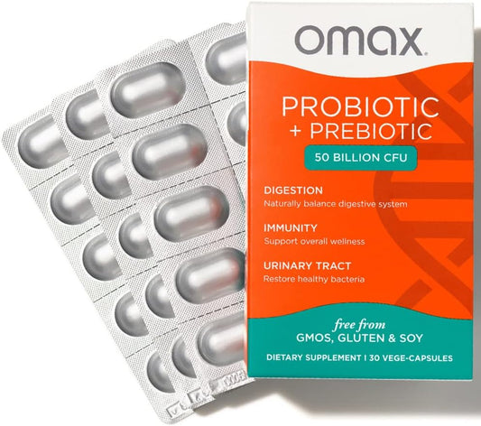 Omax3 Omax Prebiotic & Probiotic with 50 Billion CFU, Chicory Inulin, 10 Strains - Reduce Bloating, Digestion, SIBO, Leaky Gut - Acidophilus, Vegan, Dairy Free, Gluten Free - Blister Packaged