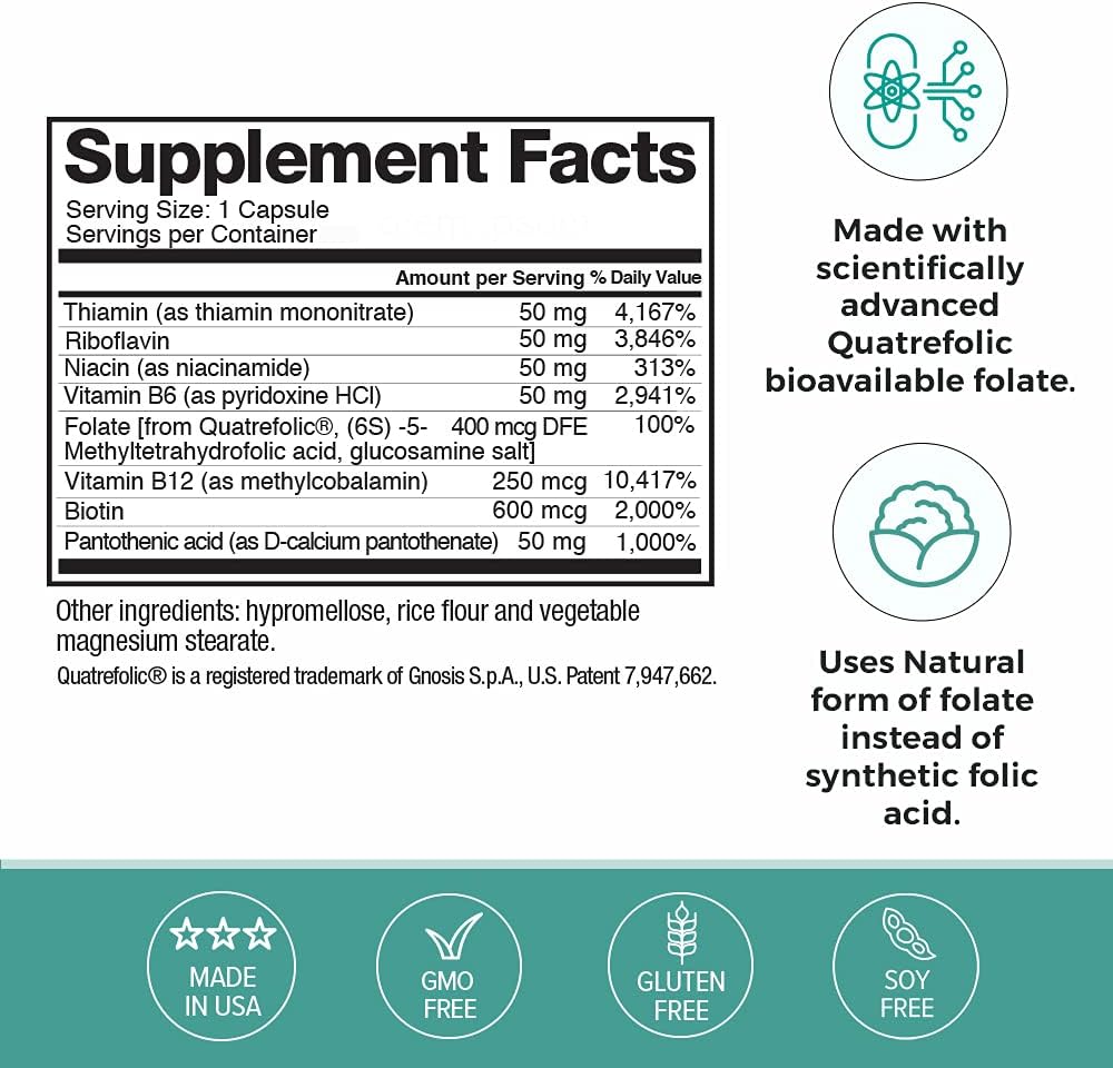 Omax3 Vitamin B Complex 50MG with Biotin Capsules for Hair, Skin, Nails - Stress Support, Immunity Boost & Energy Metabolism - 90 Count