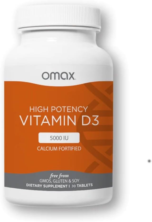 Omax3 Vitamin D3 5000 IU + Calcium Tablets for Strong Bones, Muscles, Joints, Heart Health, Immunity - 30-Day Supply, Non GMO