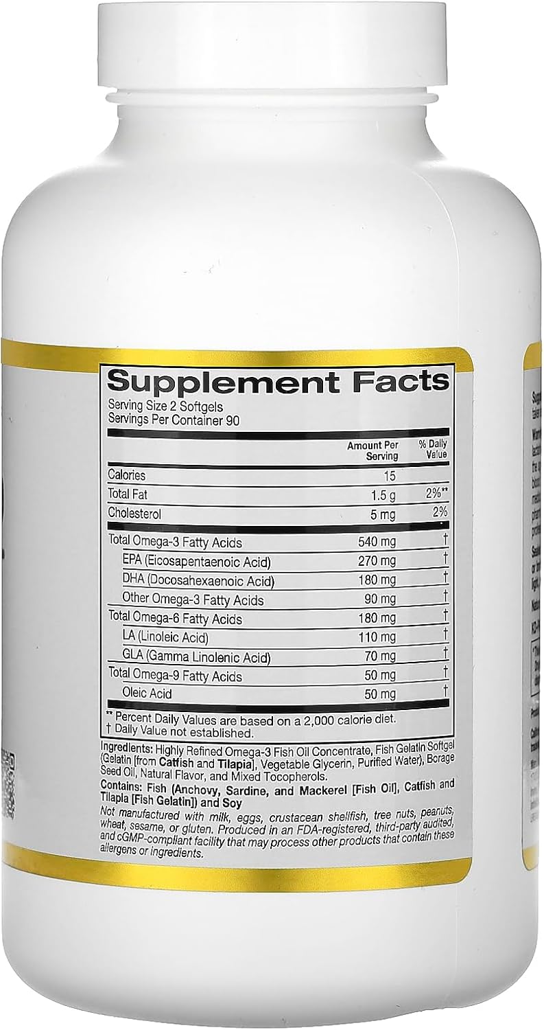 Omega 3-6-9 Fish Oil Softgels with Borage Oil, Norwegian Triglyceride, Natural Lemon Flavor - 180 Count