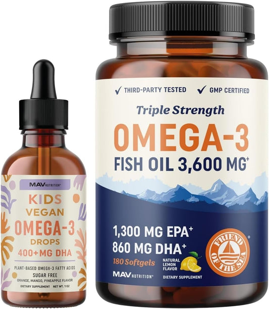 Omega 3 Bundle for Family - Fish Oil Softgels, Liquid Drops for Kids - Heart, Brain, Immune Support - EPA, DHA, Algae Oil