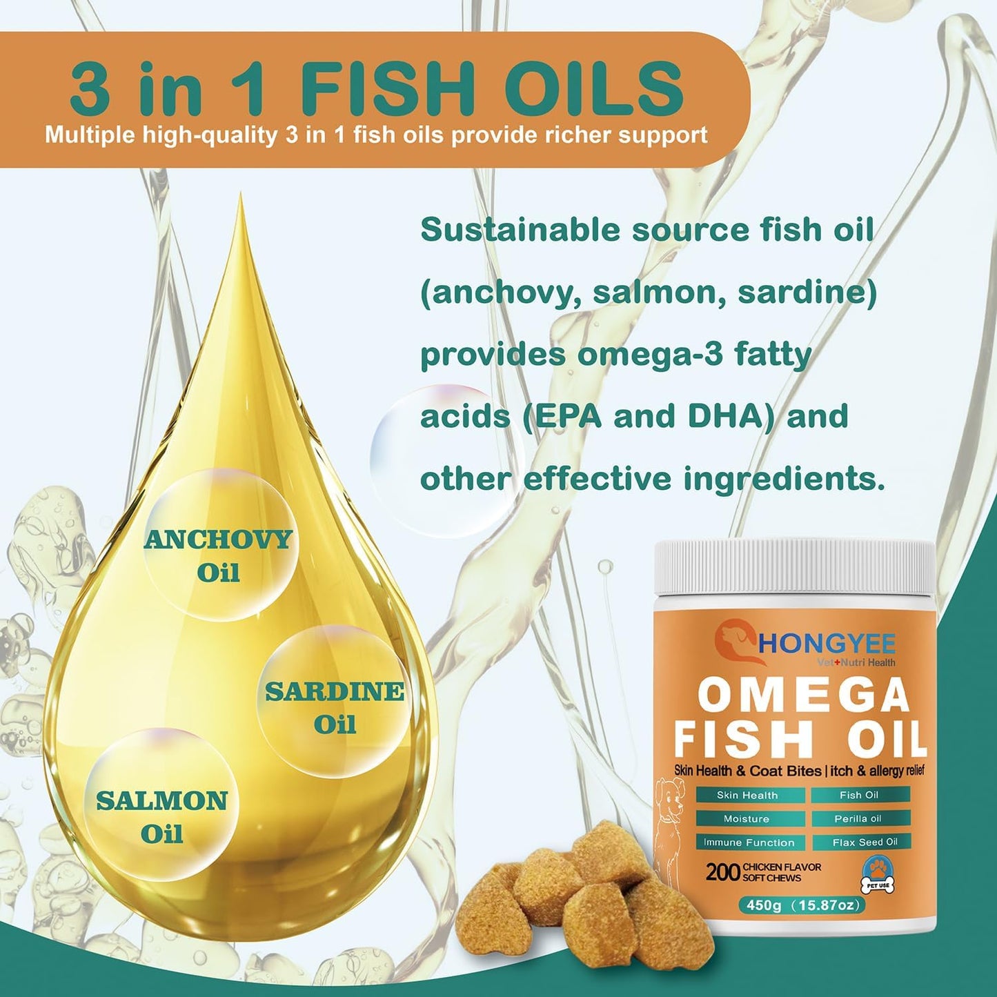 Omega 3 Fish Oil Chews for Dogs - Skin and Coat Care Treats with Salmon, Anchovy, Sardine, Perilla, Flaxseed Oil for Healthy Skin and Shiny Fur