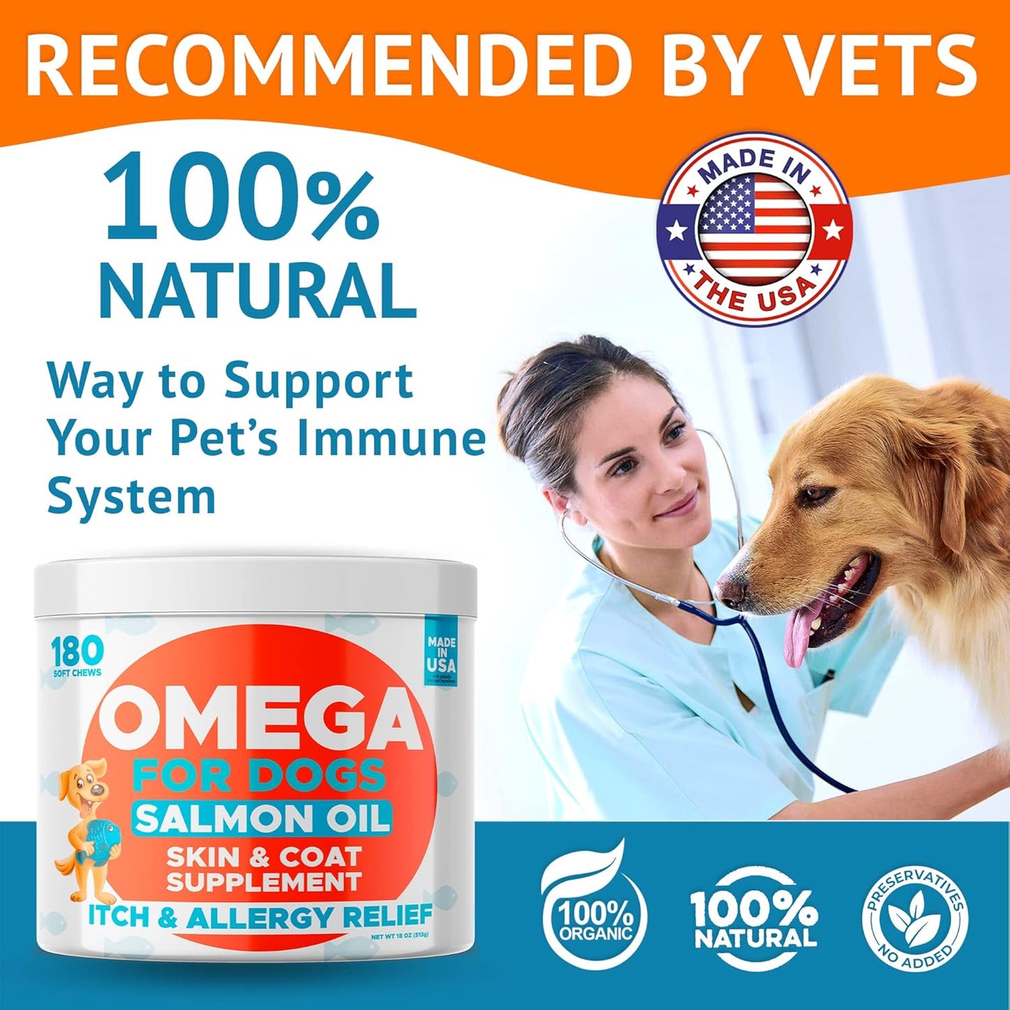 Omega 3 Fish Oil Chews for Dogs (180 Ct) - Skin & Coat Support - Allergy Relief - Shiny Coat - EPA & DHA Fatty Acids - Salmon Oil Promotes Heart Health