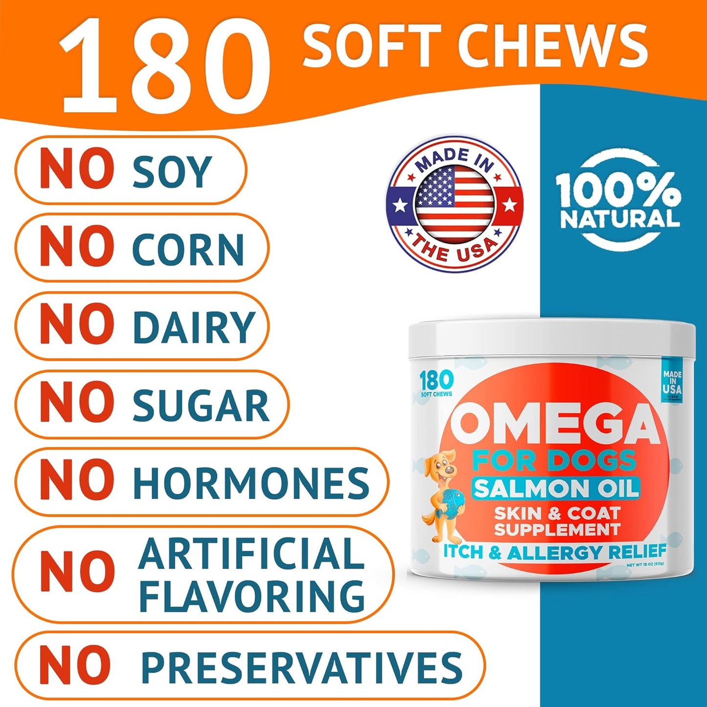 Omega 3 Fish Oil Chews for Dogs (180 Ct) - Skin & Coat Support - Allergy Relief - Shiny Coat - EPA & DHA Fatty Acids - Salmon Oil Promotes Heart Health