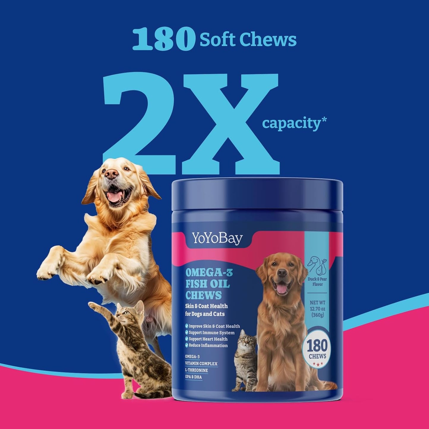 Omega 3 Fish Oil Chews for Dogs & Cats - Duck & Pear Flavored Soft Chews with Flaxseed Oil, EPA & DHA - Promotes Skin & Coat Health, Anti-Inflammatory Support - 180 Count