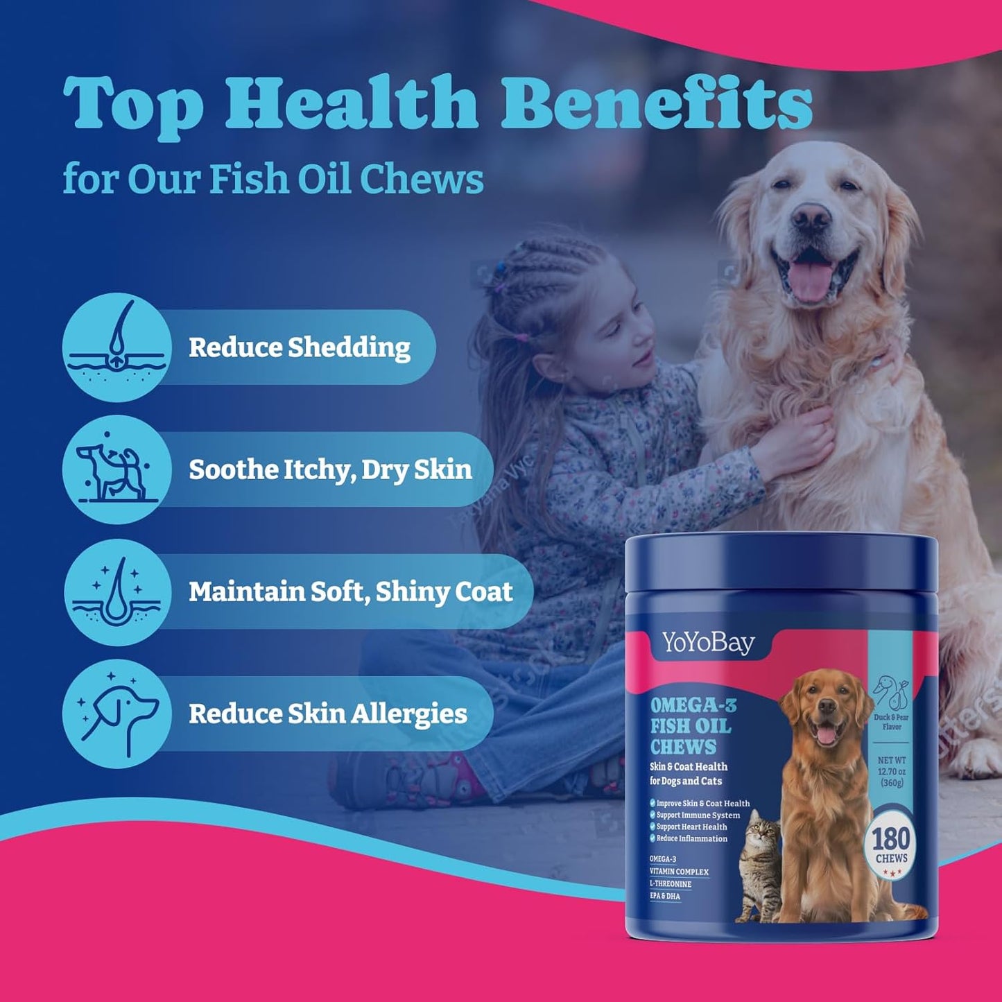 Omega 3 Fish Oil Chews for Dogs & Cats - Duck & Pear Flavored Soft Chews with Flaxseed Oil, EPA & DHA - Promotes Skin & Coat Health, Anti-Inflammatory Support - 180 Count