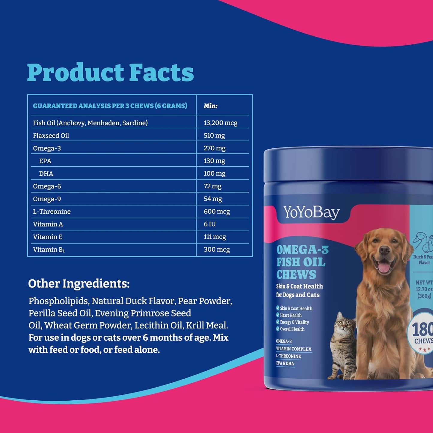 Omega 3 Fish Oil Chews for Dogs & Cats - Duck & Pear Flavored Soft Chews with Flaxseed Oil, EPA & DHA - Promotes Skin & Coat Health, Anti-Inflammatory Support - 180 Count