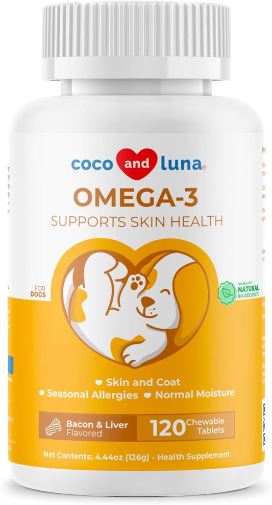 Omega 3 Fish Oil for Dogs with Omega 3, 6, and 9 - 120 Chewable Tablets for Dog Shedding, Itchy Skin, Joint & Heart Support