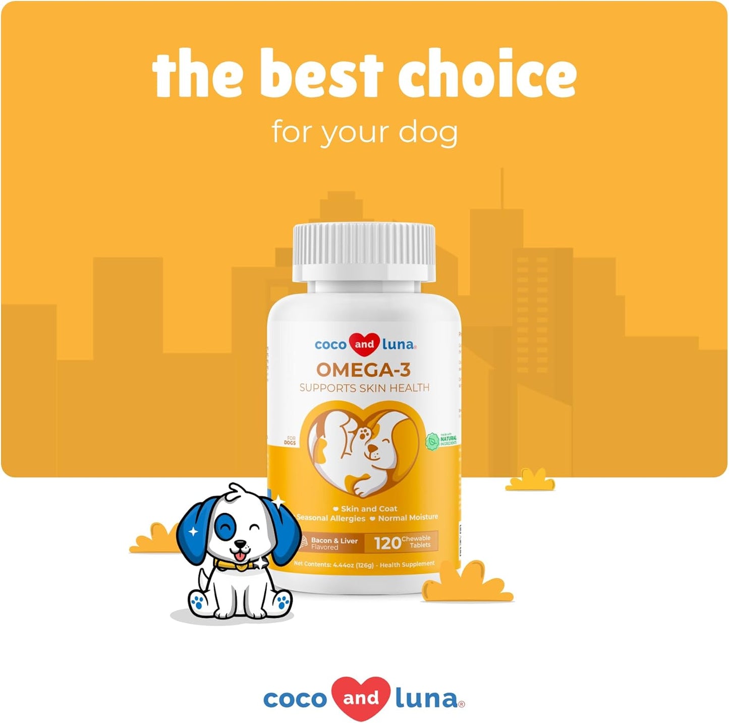 Omega 3 Fish Oil for Dogs with Omega 3, 6, and 9 - 120 Chewable Tablets for Dog Shedding, Itchy Skin, Joint & Heart Support