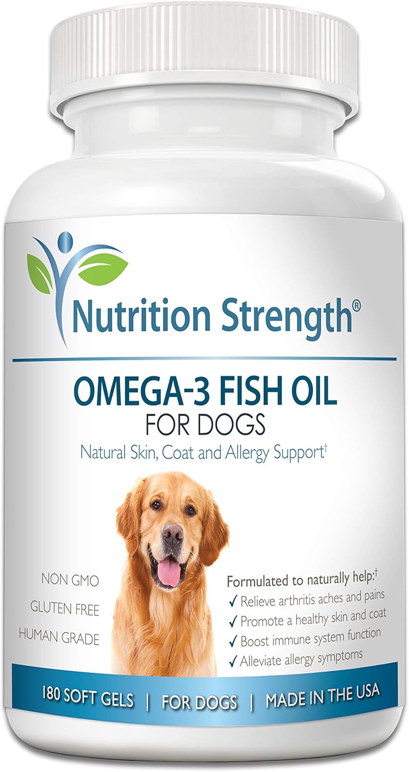 Omega 3 Fish Oil Soft Gels for Dogs with EPA & DHA Fatty Acids - Heart, Skin, Coat, Allergy, Hip & Joint Support - 180 Soft Gels