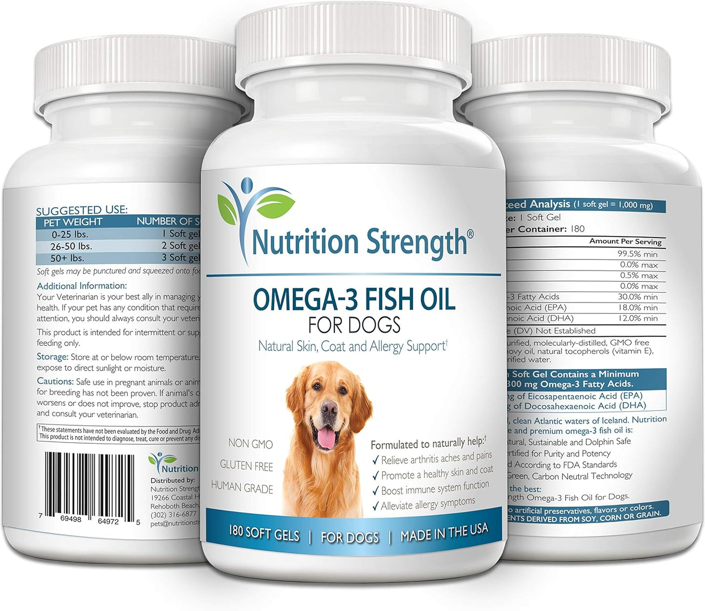 Omega 3 Fish Oil Soft Gels for Dogs with EPA & DHA Fatty Acids - Heart, Skin, Coat, Allergy, Hip & Joint Support - 180 Soft Gels