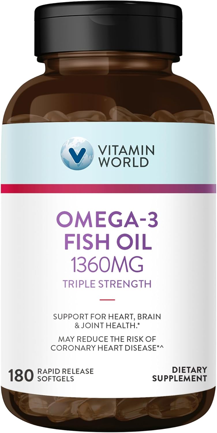 Omega-3 Fish Oil Supplement - Triple Strength 1360mg, 950mg Active EPA & DHA, Heart, Brain & Joint Health Support, Gluten Free - 180 Softgels, 6 Months Supply