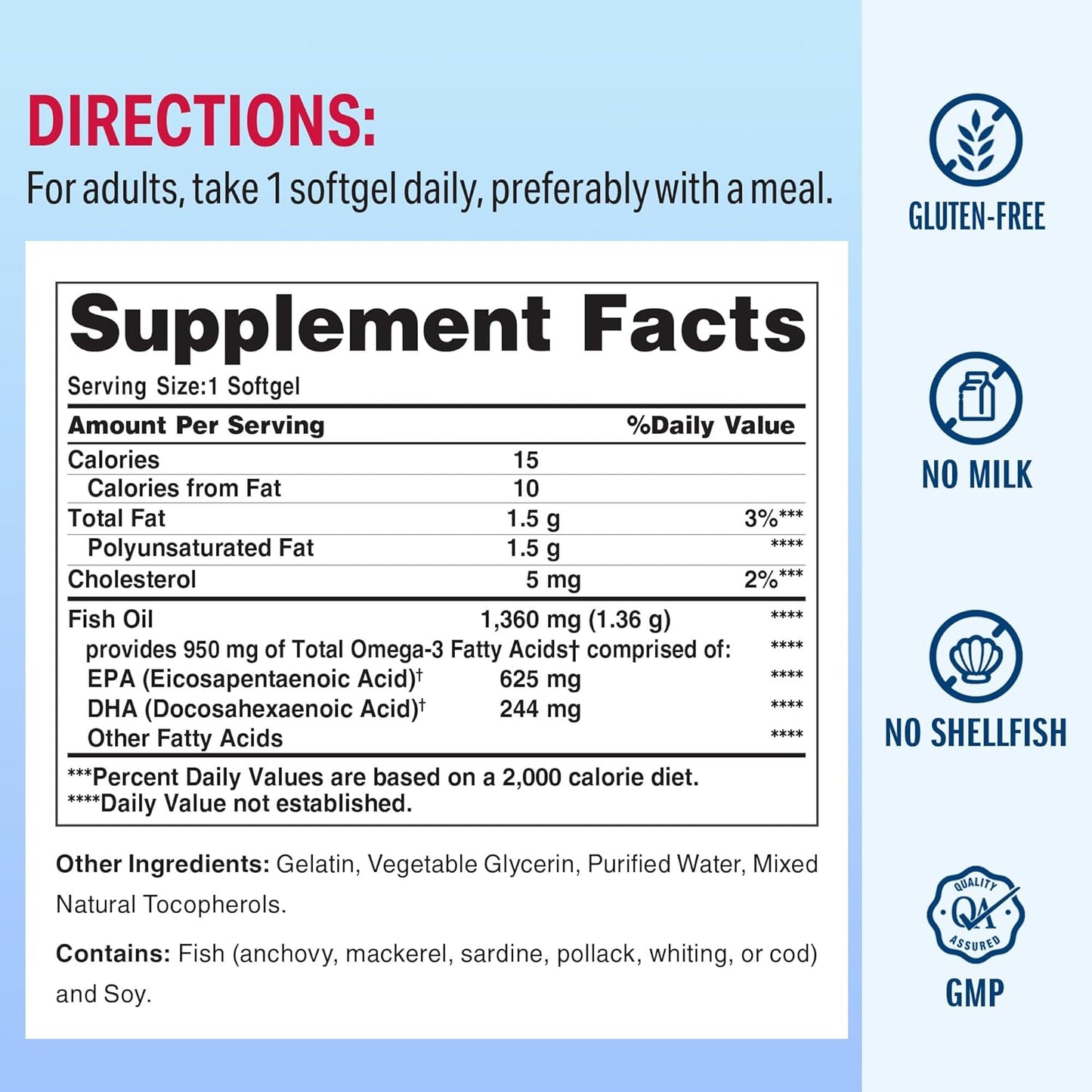Omega-3 Fish Oil Supplement - Triple Strength 1360mg, 950mg Active EPA & DHA, Heart, Brain & Joint Health Support, Gluten Free - 180 Softgels, 6 Months Supply