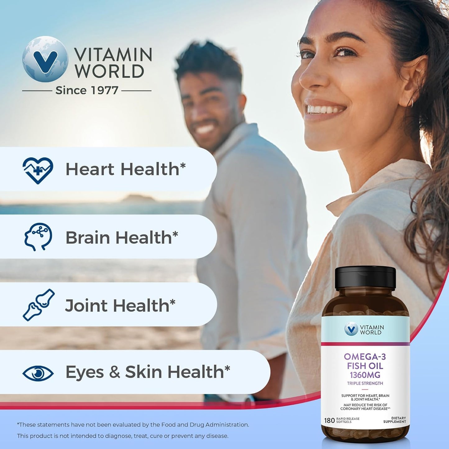 Omega-3 Fish Oil Supplement - Triple Strength 1360mg, 950mg Active EPA & DHA, Heart, Brain & Joint Health Support, Gluten Free - 180 Softgels, 6 Months Supply