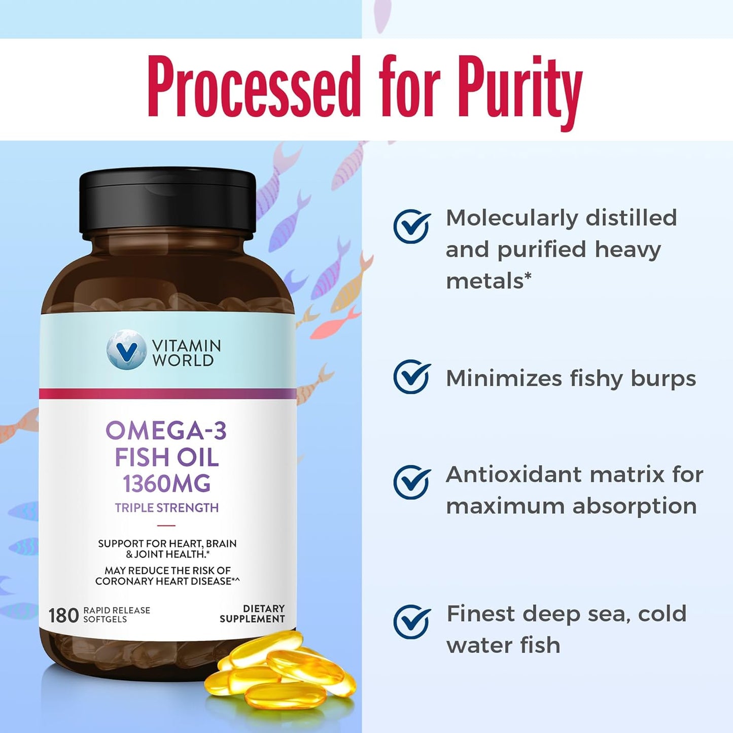 Omega-3 Fish Oil Supplement - Triple Strength 1360mg, 950mg Active EPA & DHA, Heart, Brain & Joint Health Support, Gluten Free - 180 Softgels, 6 Months Supply