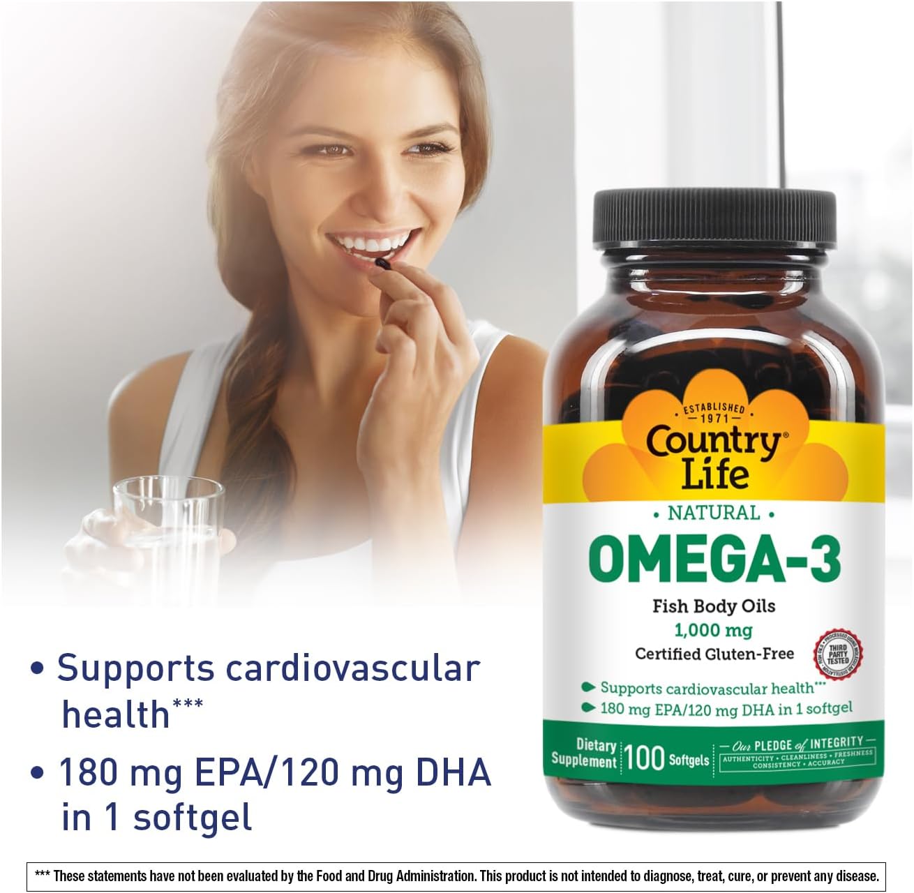 Omega-3 Fish Oil Supplement 1000mg with Lemon Flavor, 180mg EPA & 120mg DHA, Burpless, 100 Softgels, Gluten Free
