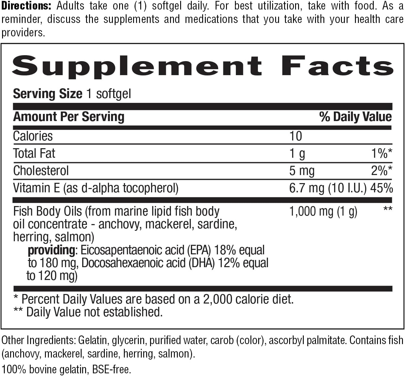 Omega-3 Fish Oil Supplement 1000mg with Lemon Flavor, 180mg EPA & 120mg DHA, Burpless, 100 Softgels, Gluten Free