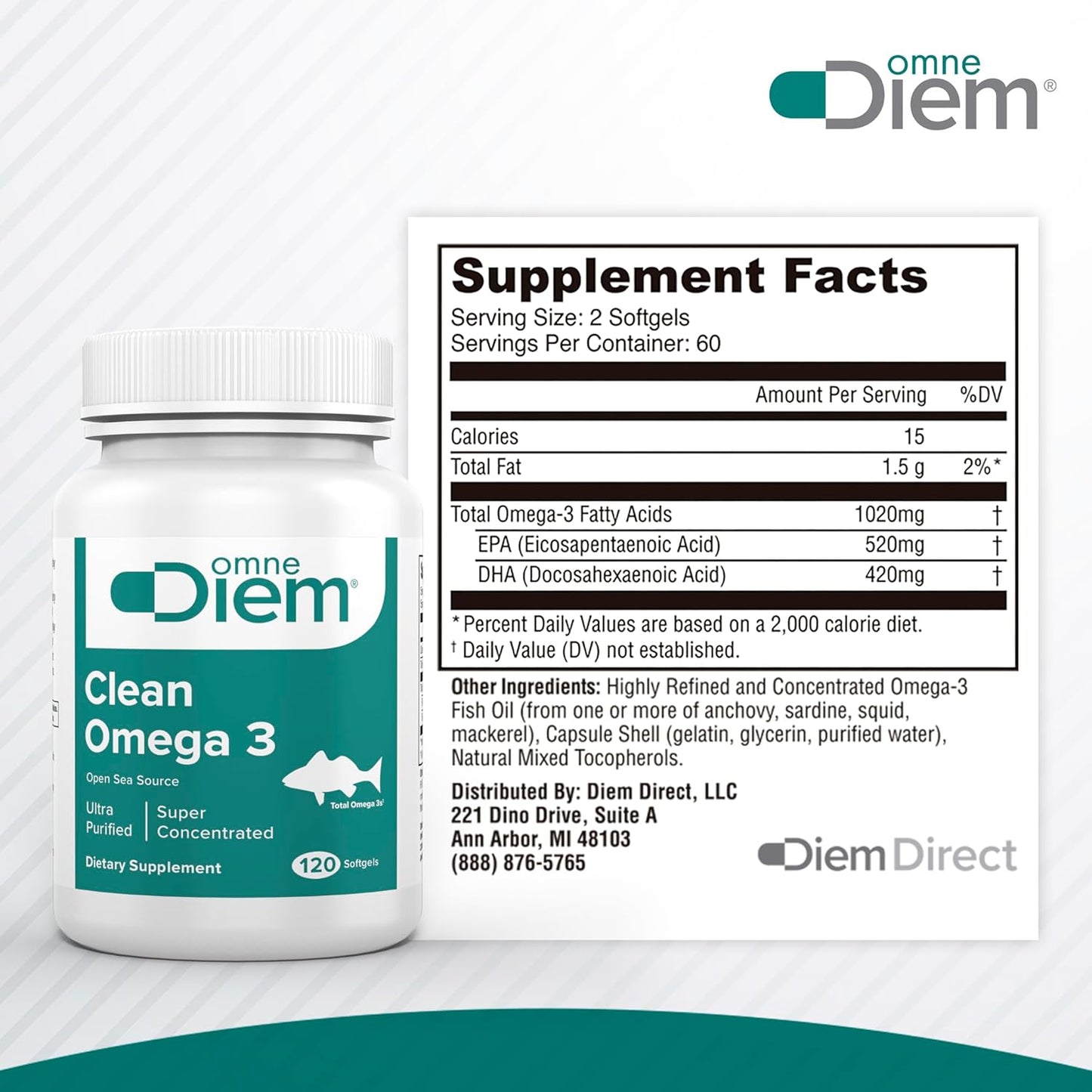 Omega-3 Fish Oil Supplement with EPA & DHA - 120 Softgel Capsules, 1020mg Omega-3 Fatty Acids - Omne Diem Clean Omega