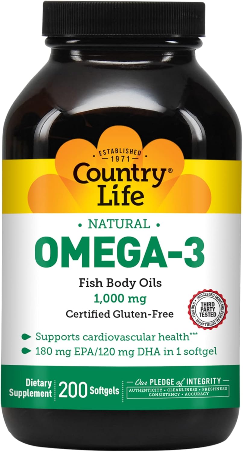 Omega-3 Fish Oil Supplement with Lemon Flavor, 200 Softgels, 1000mg, 180mg EPA, 120mg DHA, Gluten Free