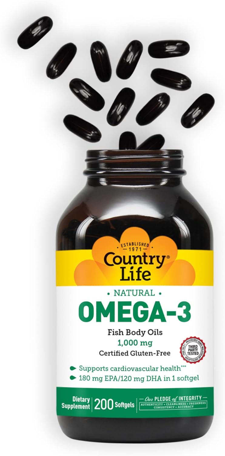 Omega-3 Fish Oil Supplement with Lemon Flavor, 200 Softgels, 1000mg, 180mg EPA, 120mg DHA, Gluten Free