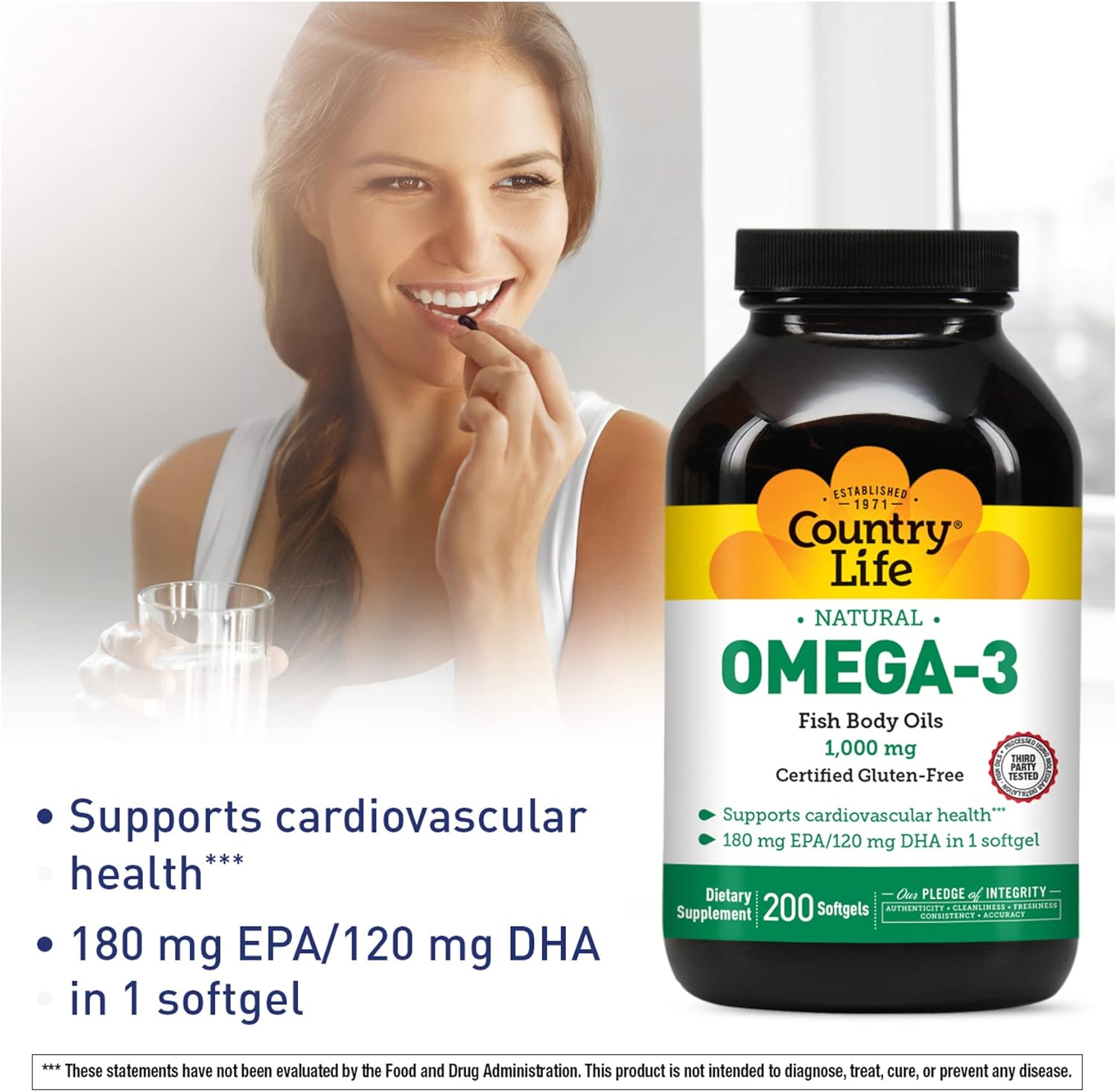Omega-3 Fish Oil Supplement with Lemon Flavor, 200 Softgels, 1000mg, 180mg EPA, 120mg DHA, Gluten Free