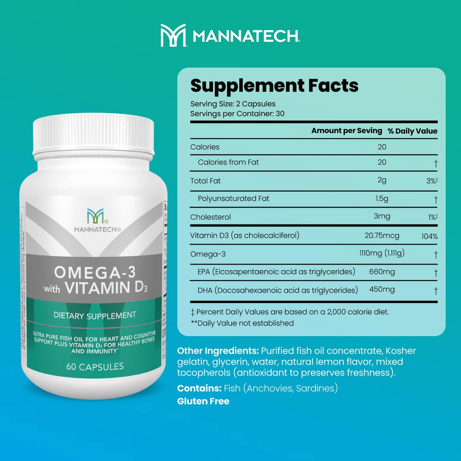 Omega-3 Fish Oil Supplement with Vitamin D3 for Bone, Heart, and Cognitive Health - Mannatech Pure Formula