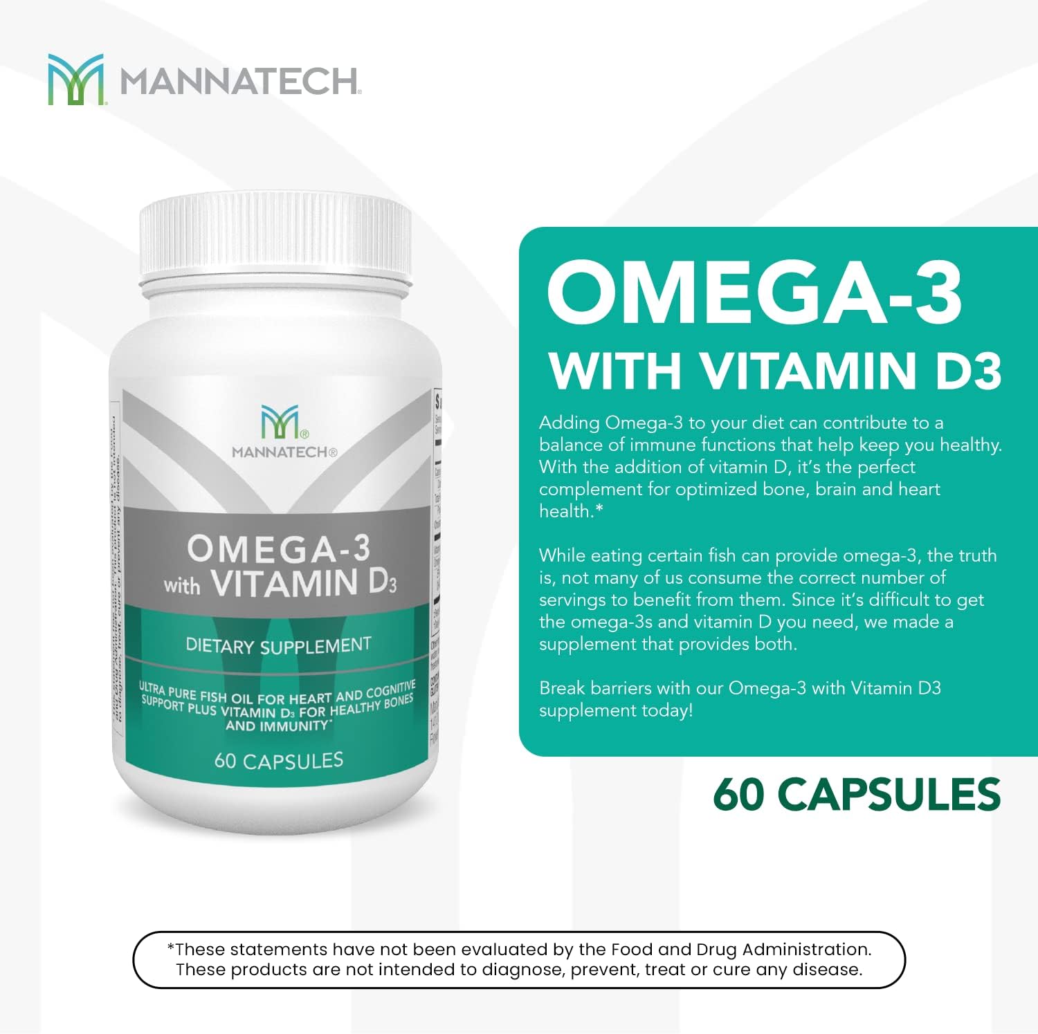 Omega-3 Fish Oil Supplement with Vitamin D3 for Bone, Heart, and Cognitive Health - Mannatech Pure Formula