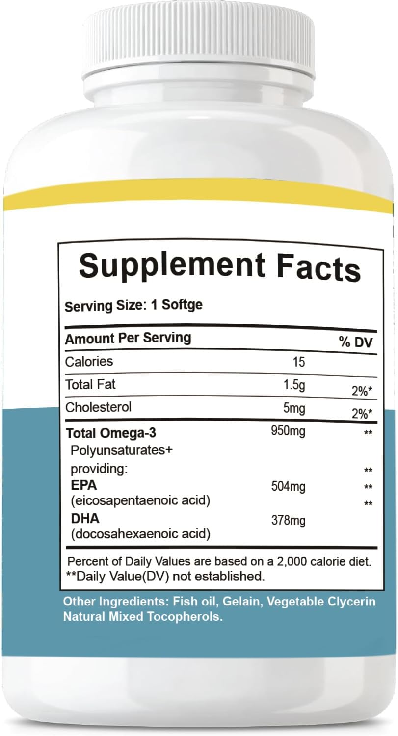 Omega 3 Fish Oil Supplements - 90 Softgels, 950mg per Serving - 100 Day Supply