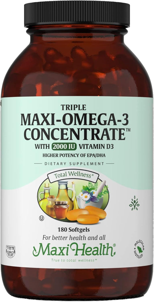Omega-3 Fish Oil Triple Concentrate with Vitamin D3 - Potent EPA/DHA Fatty Acids - 180 Softgels - Kosher Certified