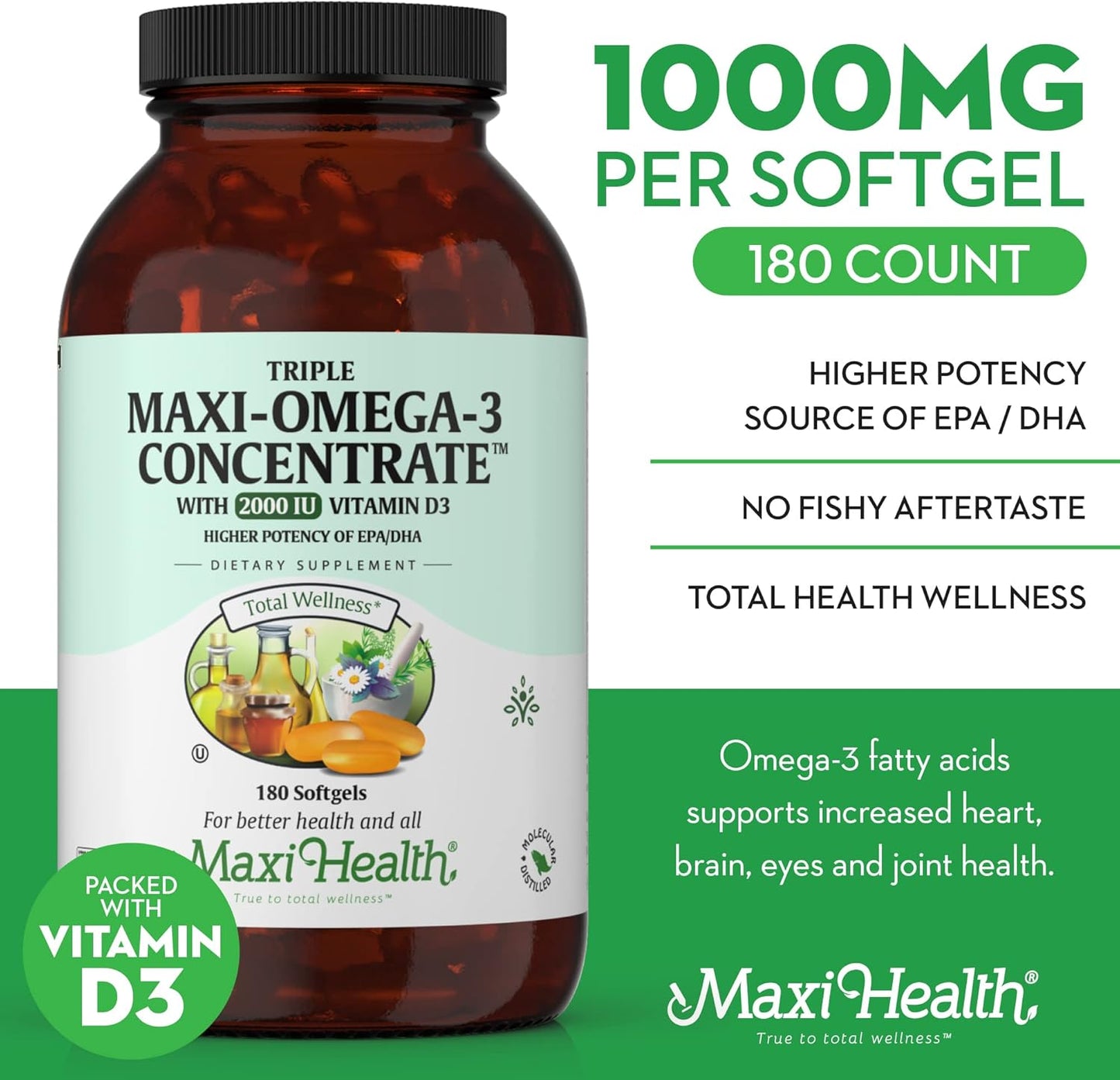 Omega-3 Fish Oil Triple Concentrate with Vitamin D3 - Potent EPA/DHA Fatty Acids - 180 Softgels - Kosher Certified