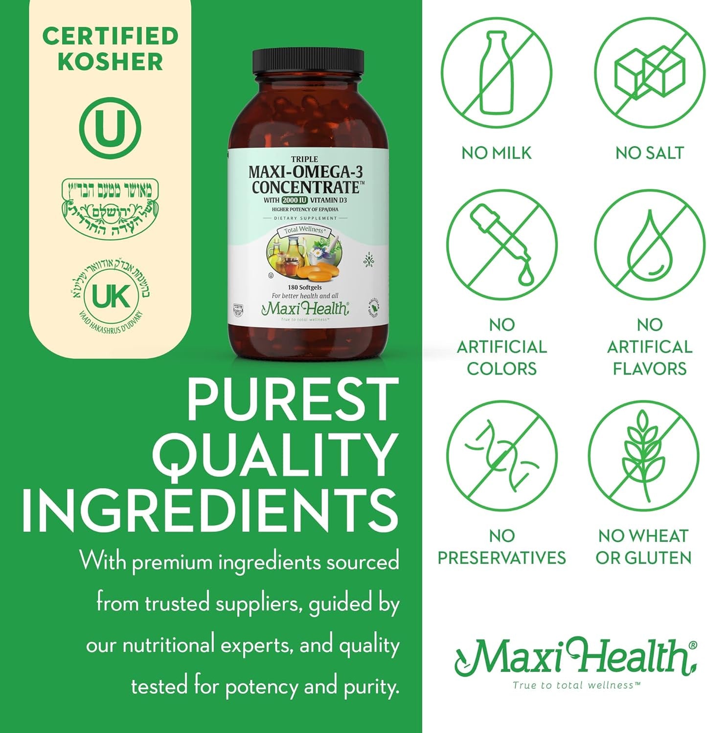Omega-3 Fish Oil Triple Concentrate with Vitamin D3 - Potent EPA/DHA Fatty Acids - 180 Softgels - Kosher Certified