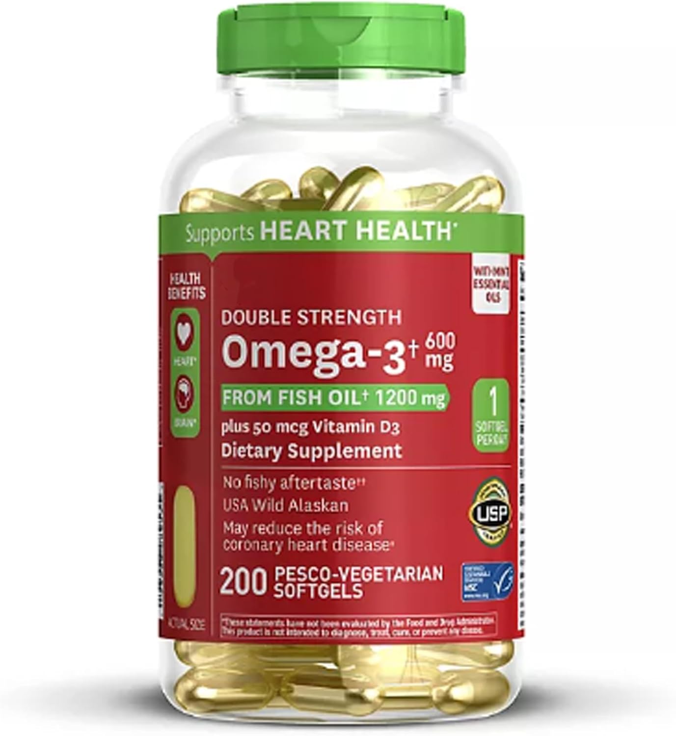 Omega-3 Fish Oil with Vitamin D3 (200 ct.) for Heart Health - 600mg EPA and DHA