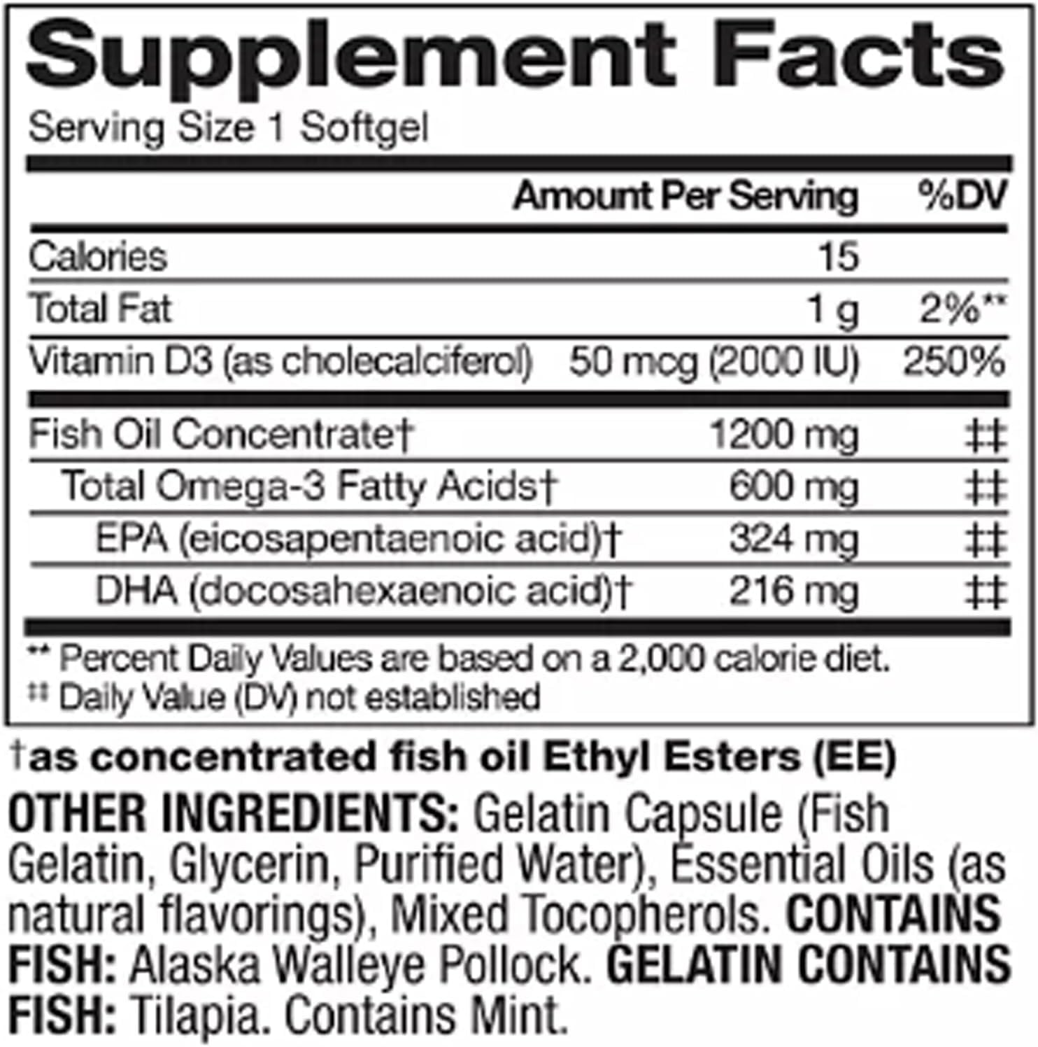Omega-3 Fish Oil with Vitamin D3 (200 ct.) for Heart Health - 600mg EPA and DHA