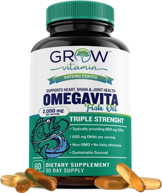 OmegaVita Triple Strength Fish Oil Supplement - 800mg EPA, 600mg DHA, 2000mg Per Serving - Heart, Brain, & Immune Support - 30 Day Supply