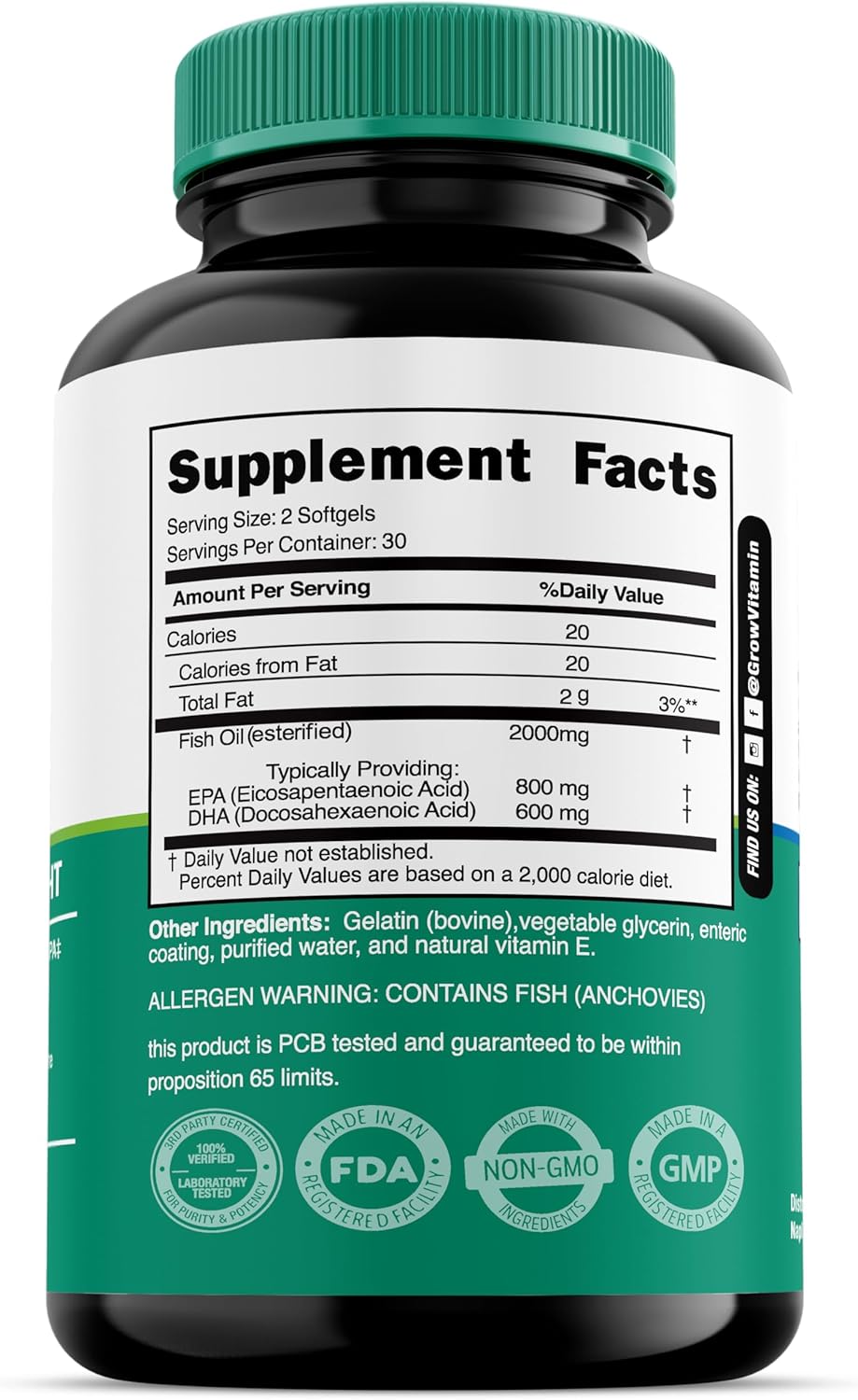 OmegaVita Triple Strength Fish Oil Supplement - 800mg EPA, 600mg DHA, 2000mg Per Serving - Heart, Brain, & Immune Support - 30 Day Supply