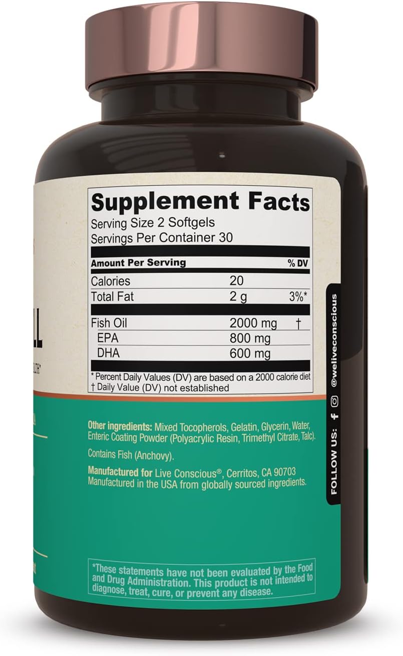 OmegaWell Fish Oil Capsules 800mg EPA 600mg DHA - Heart, Brain, Joint Support - Enteric-Coated, Sustainably Sourced - Easy to Swallow 120 Count (2-Pack)